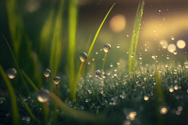 Tau auf dem frischen Frühlingsgras im Feld Wassertropfen auf einem Grashalm nach Regen Nahaufnahme Makro Unscharfer Hintergrund