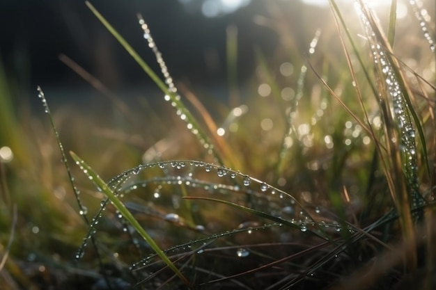 Tau auf dem Gras auf der Klippe bei sonnigem Wetter Nahaufnahme