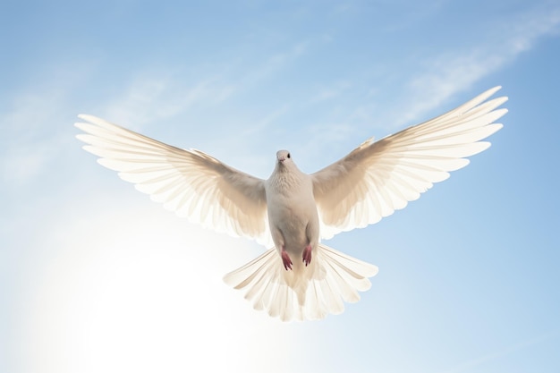 Taube fliegt vor einem klaren Himmel