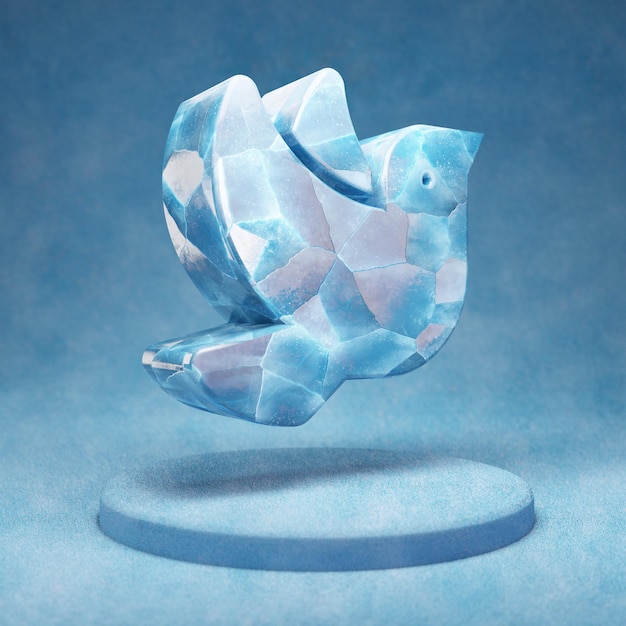 Taube-Symbol. Gebrochenes blaues Eistaubensymbol auf blauem Schneepodest. Social Media-Symbol für Website, Präsentation, Designvorlagenelement. 3D-Rendering.