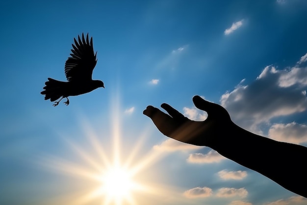 Taubenvogel, der in den Wolkenhimmel fliegt