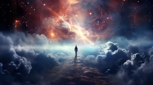 Tauchen Sie ein in das fesselnde Universum von Cosmic Wanderlust. Dieses beeindruckende Bild zeigt einen einsamen Weltraumforscher, der entschlossen auf einer Plattform steht, die in der kosmischen Weite schwebt