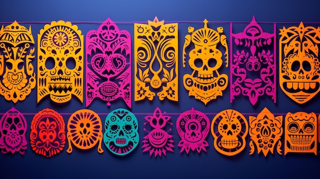 Foto tauchen sie ein in die lebendige welt der dia de los muertos papel picado-banner. jedes banner ist ein kunstwerk mit aufwendigen details und inspiriert von der reichen kulturellen vielfalt des dia de los muertos