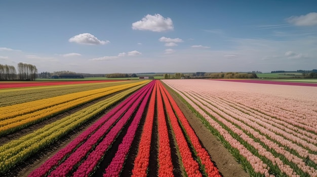 Tauchen Sie ein in ein Meer aus leuchtenden Tulpen, während Sie durch die bezaubernden Tulpenfelder der Niederlande wandern. Generated by AI