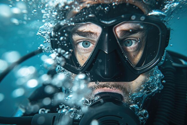 Taucher intensiver Blick Unterwasser Abenteuer in blauen Gewässern