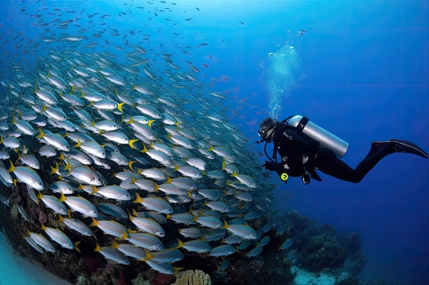Taucher schwimmt mit Fischschwärmen im Korallenriff, erstellt mit generativer KI