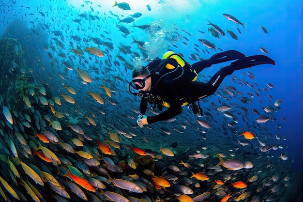 Taucher schwimmt zwischen Fischschwärmen, umgeben von Wasserlebewesen, die mit generativer KI geschaffen wurden