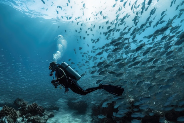 Taucher umgeben von Fischschwärmen in kristallklarem Wasser, geschaffen mit generativer KI