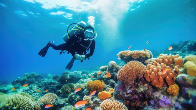 Taucher und farbenfrohes tropisches Korallenriff im Roten Meer. Generative KI