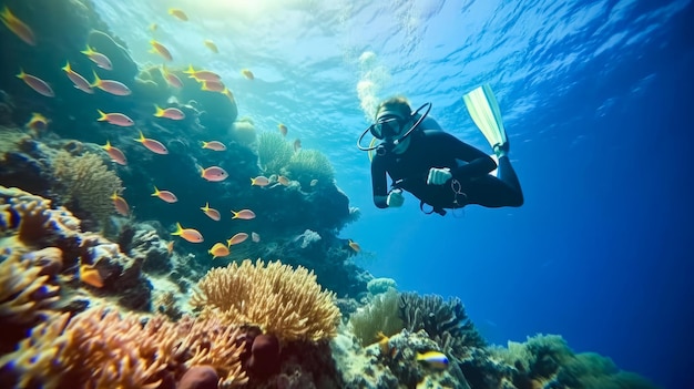 Taucherin schwimmt im Unterwassermeer Generative KI-Technologie