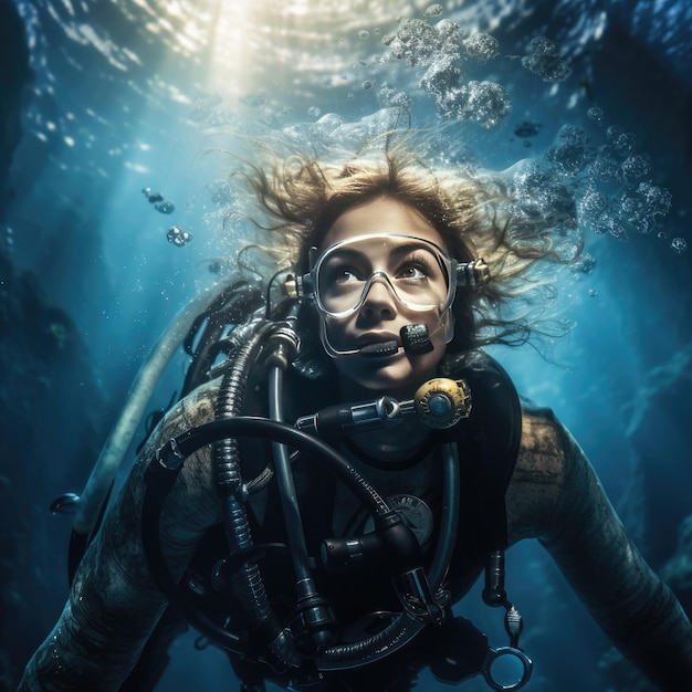 Foto tauchunterricht im offenen wasser. taucher vor dem eintauchen in die generative ki des ozeans