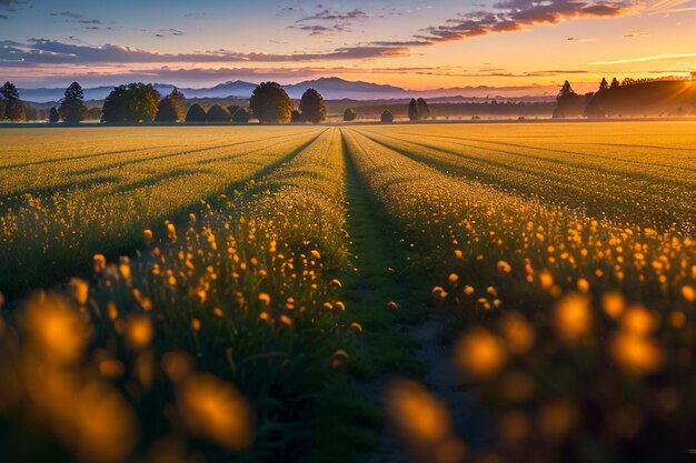 Foto taufrische wiese im morgengrauen, sonnenaufgang, sonnenuntergang, der schönste naturlandschaftshintergrund