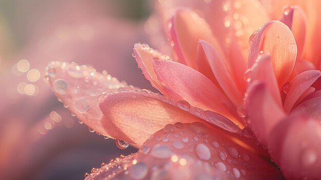 Foto tautropfen glitzern auf den hellen blütenblättern einer blume, die vom sanften morgenlicht beleuchtet wird