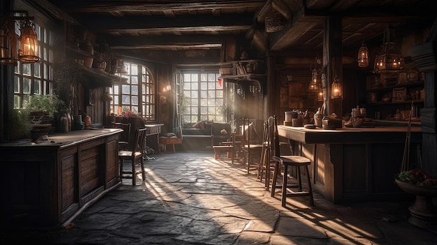 Taverna medieval escura e mal-humorada luz do dia interior através de uma janela Renderização 3D AI generativa