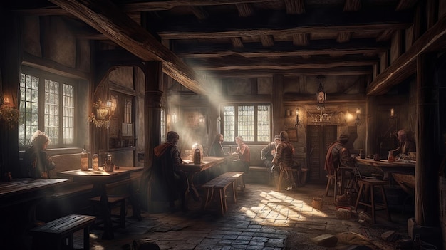 Taverna medieval escura e mal-humorada luz do dia interior através de uma janela Renderização 3D AI generativa