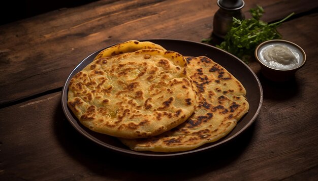 Foto tawa roti en un plato con un fondo de madera