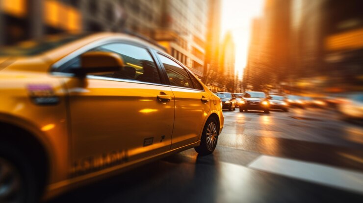 Táxi amarelo numa rua chuvosa da cidade