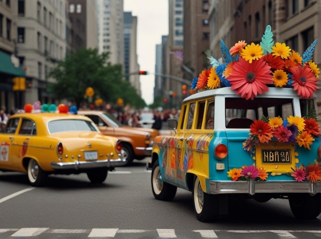 un taxi amarillo con flores en el lado