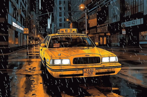 Un taxi amarillo bajo la lluvia