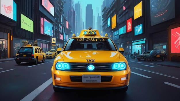 Taxi amarillo en un mundo futuro de ciudad futurista