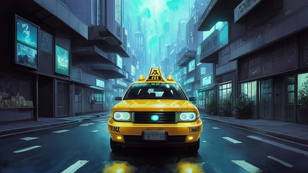 Taxi coche en una ciudad por la noche