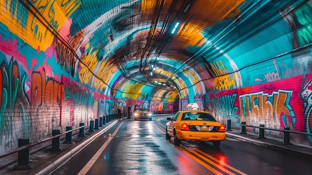 un taxi conduce a través de un túnel que tiene un mural en la pared