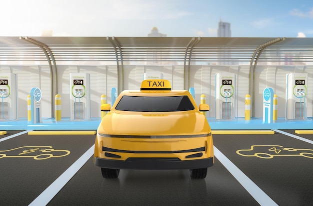 Taxi ev amarillo o vehículo eléctrico en la estación de carga