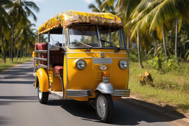 Táxi Tuktuk amarelo brilhante nas ruas da Tailândia