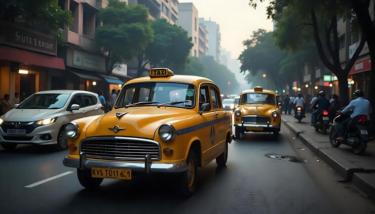 Taxis amarillos en una calle de Calcuta, India