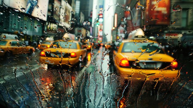 Foto los taxis en la escena de la calle lloviendo se ven a través de una ventana húmeda con gotas