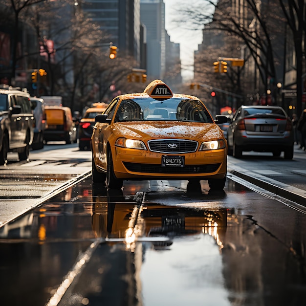 Taxis de Nueva York borrosos en un día soleado en Nueva York a toda velocidad