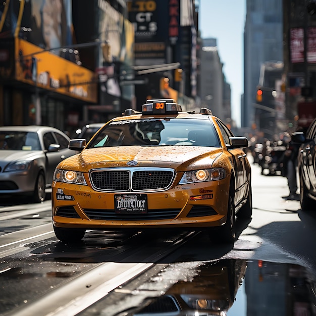 Taxis de Nueva York borrosos en un día soleado en Nueva York a toda velocidad