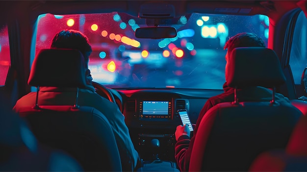 Foto el taxista espera para recoger a su pasajero en el coche mirando su teléfono