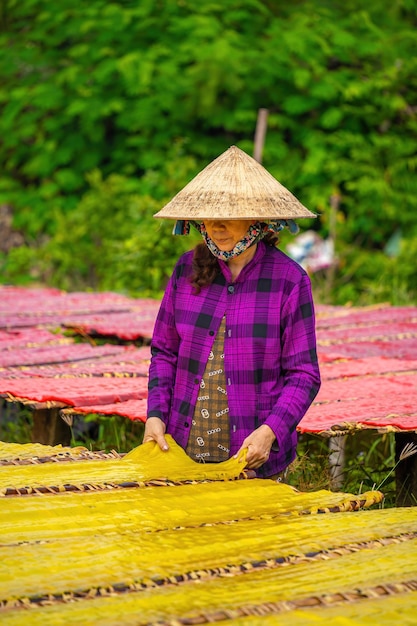 Tay Ninh VIETNAM JULIO 06 2023 Foco mujer de la aldea tradicional haciendo comida de jalea colorida Estaban secando jalea fresca en una cuadrícula de madera para el mercado Concepto de estilo de vida