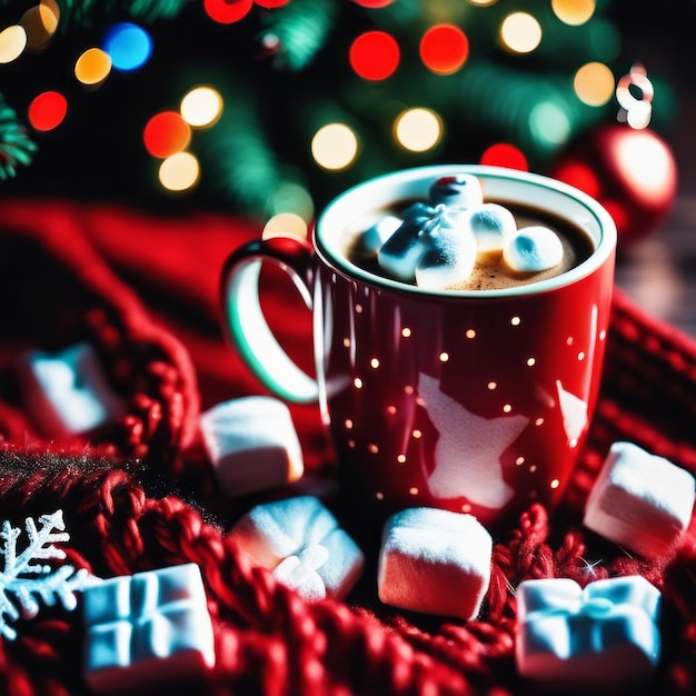 Foto una taza acogedora de bebida de café caliente con malvaviscos con caramelos en una manta de punto roja