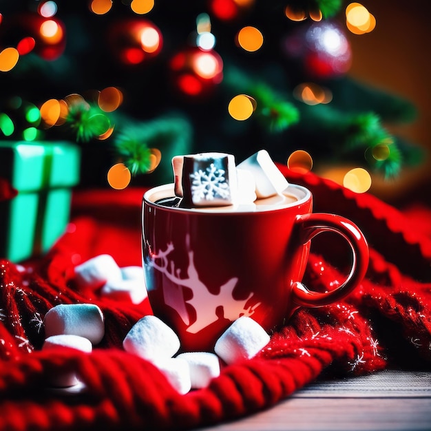 Foto una taza acogedora de café caliente con malvaviscos con caramelos en un fondo de manta de punto rojo