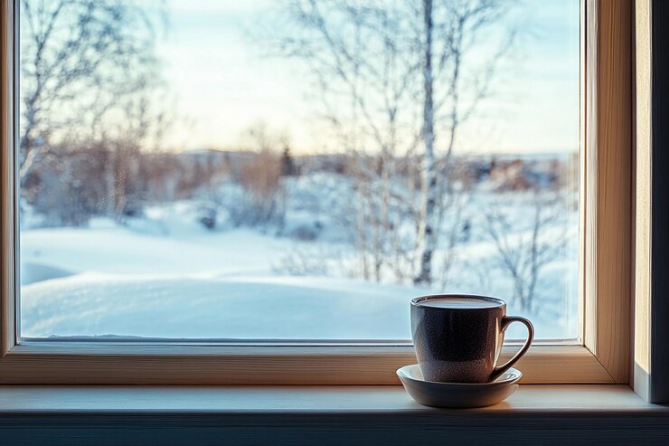 Taza acogedora de café junto a una ventana nevada con una vista serena del paisaje invernal IA generativa
