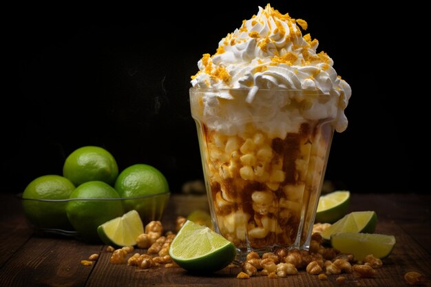 Taza de alto ángulo con deliciosos esquites y lima