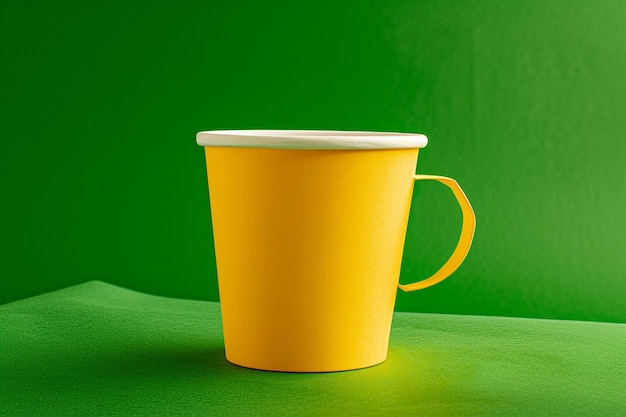 Foto una taza amarilla con un borde blanco está en un fondo verde