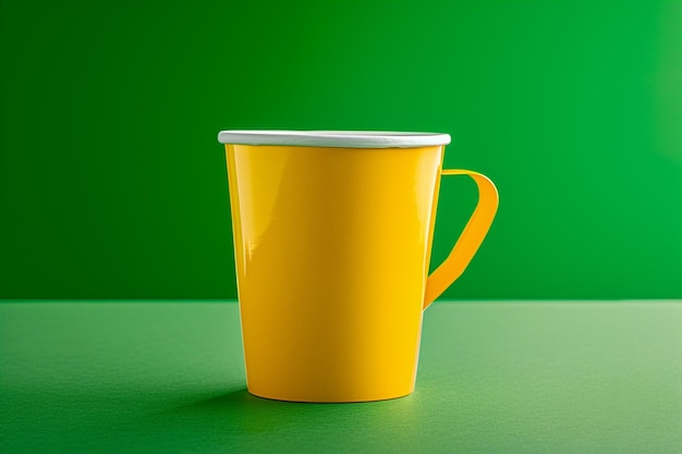 Foto una taza amarilla con un borde blanco se sienta en una mesa verde