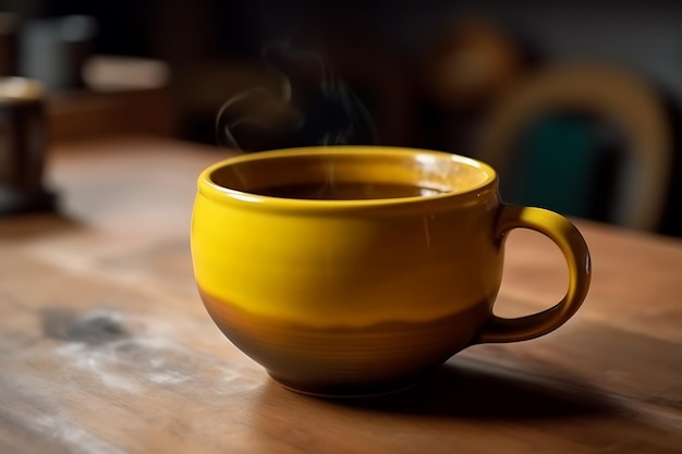 Taza amarilla con café y vapor en una mesa de madera marrón AI Generative