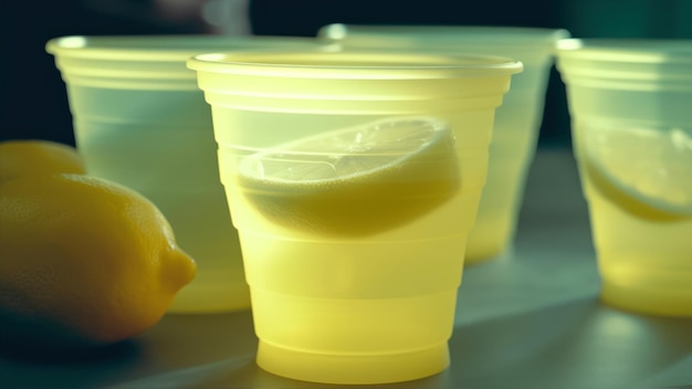 Una taza amarilla con un limón en ella