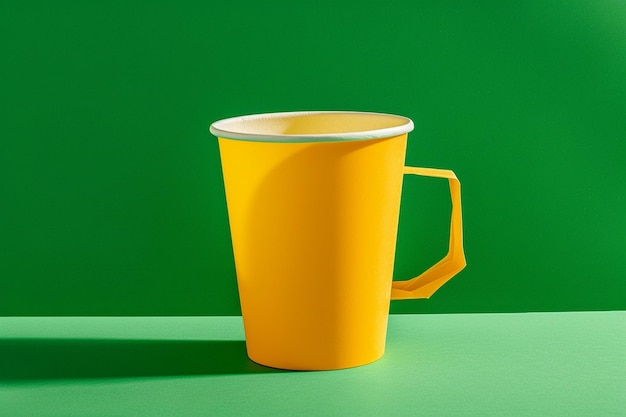 una taza amarilla que está en una mesa verde