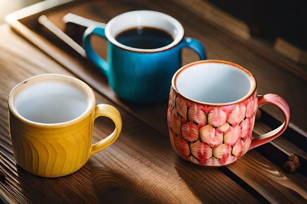 Foto una taza amarilla y rosa con un patrón de flor roja en ella.