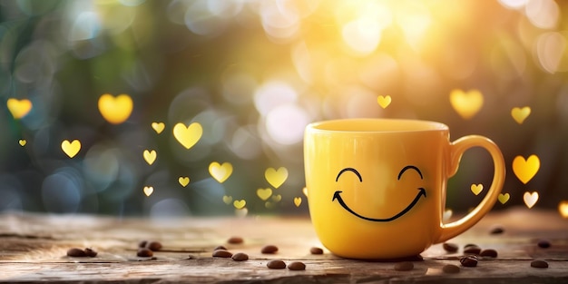 Taza amarilla sonriente rodeada de granos de café y Bokeh de corazón