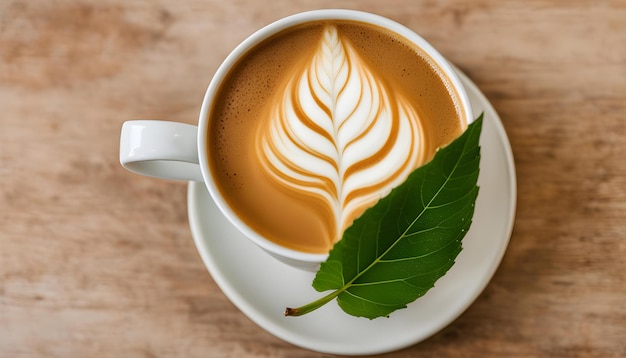 Foto una taza de arte latte se muestra en una mesa de madera