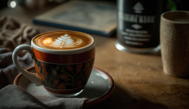 Una taza de arte latte se sienta en un plato junto a una botella de capuchino.