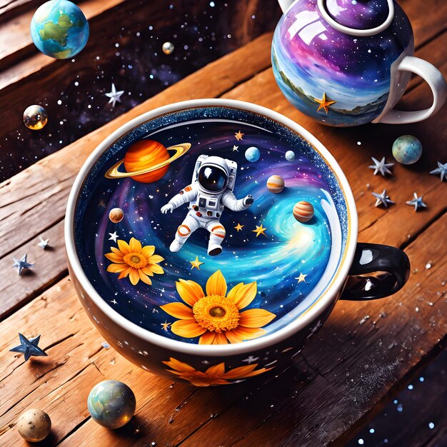 Foto una taza con un astronauta en ella y las estrellas en el lado