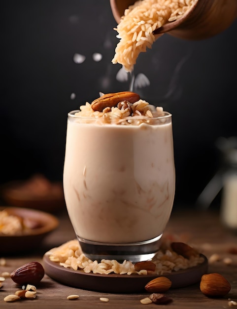 una taza de avena se está vertiendo en un vaso