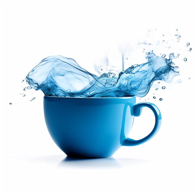 una taza azul con agua salpicando de ella